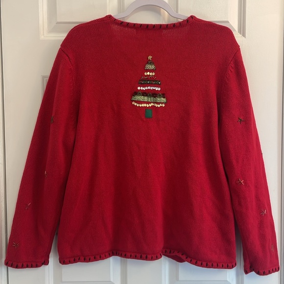 Christmas sweater button cardigan beaded sequins embroidered trees - Picture 11 of 12